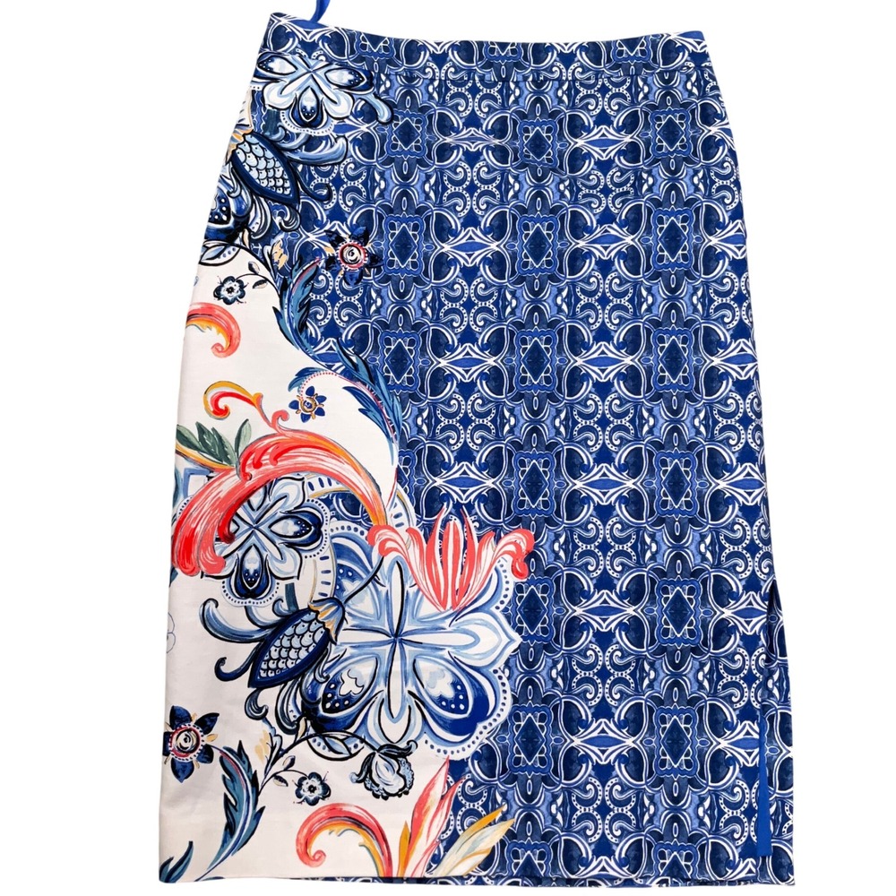 Moulinette Soeurs Skirt Women 2 Blue Floral Tile Pencil Boho Eclectic Coastal